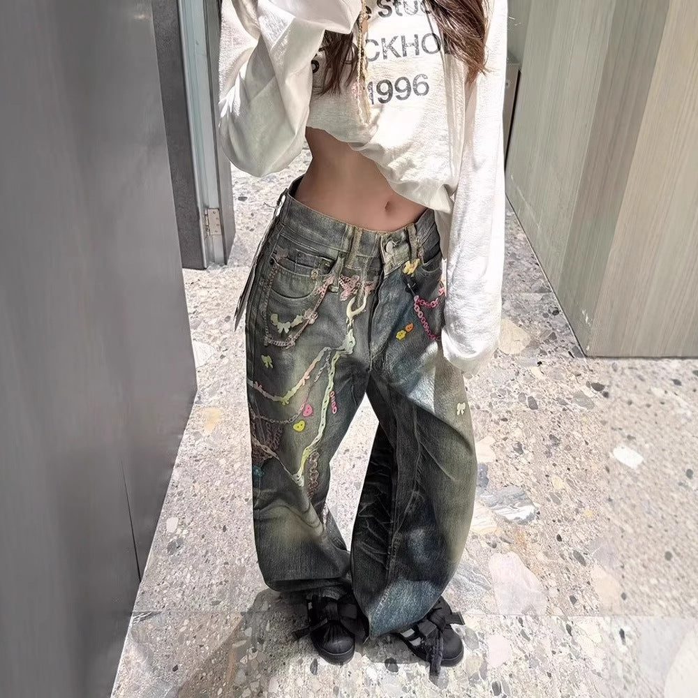 Womens Floor-length Printed Denim Jeans With A Chain Detail