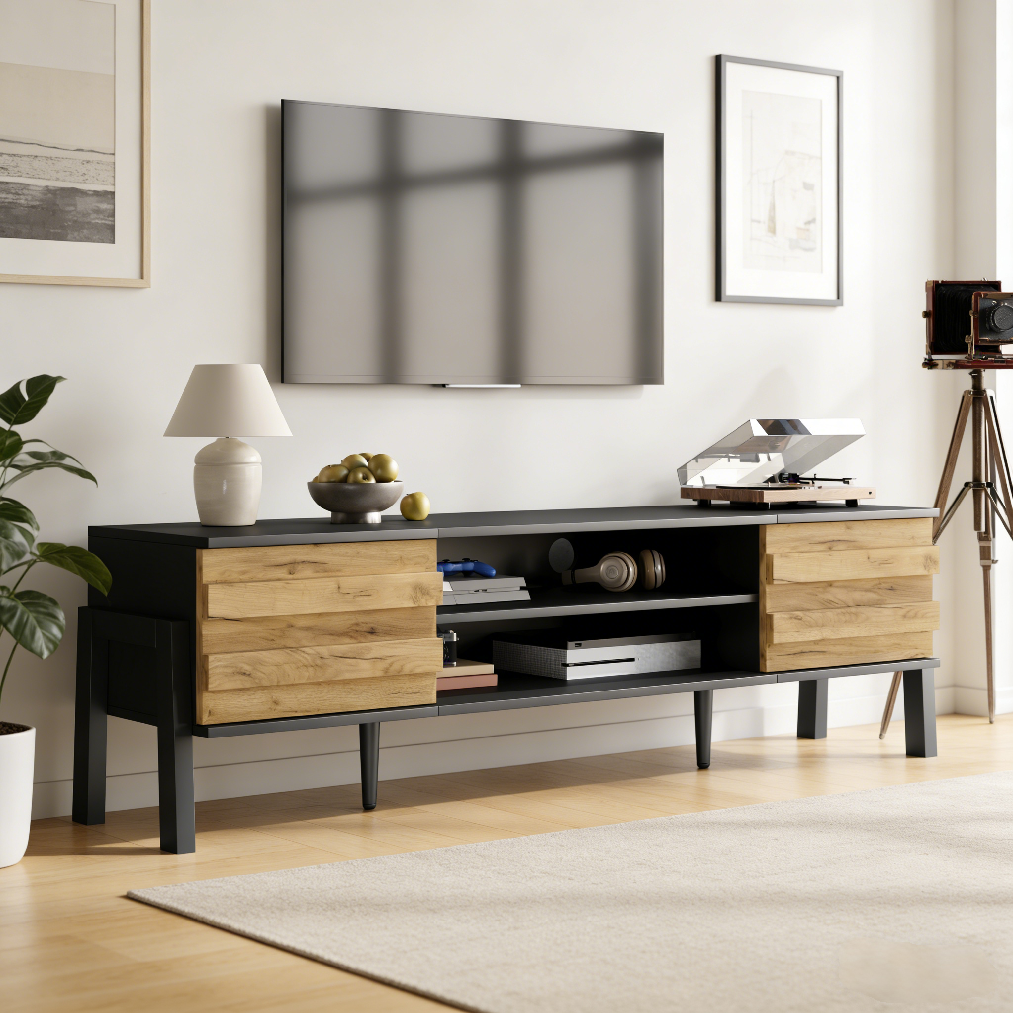 TV Cabinet, Lowboard TV Board, TV Console With 2 Cabinets And Open Storage Space, TV Table, TV Stand, Living Room Cabinet, Suitable For TVs Up To 70 Inches