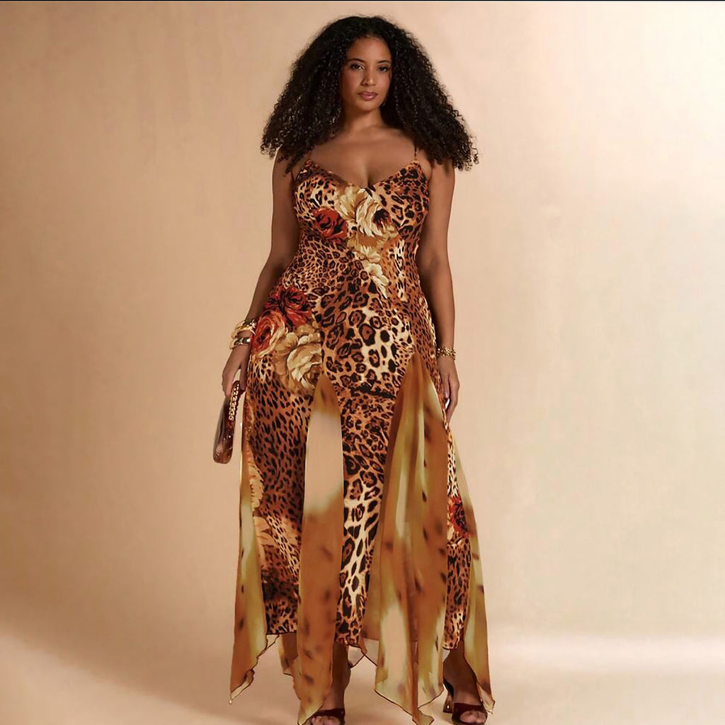 Mesh-panel Digital-print Camisole Dress