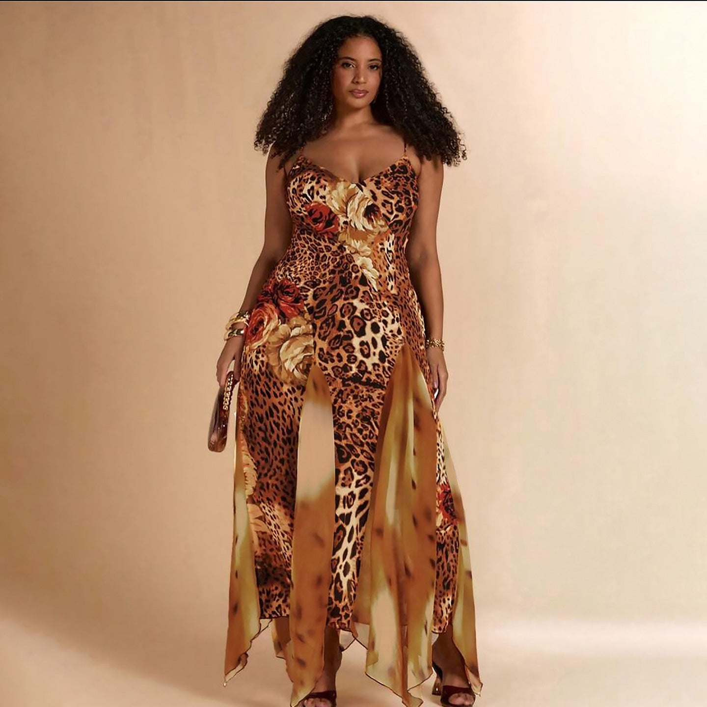 Mesh-panel Digital-print Camisole Dress