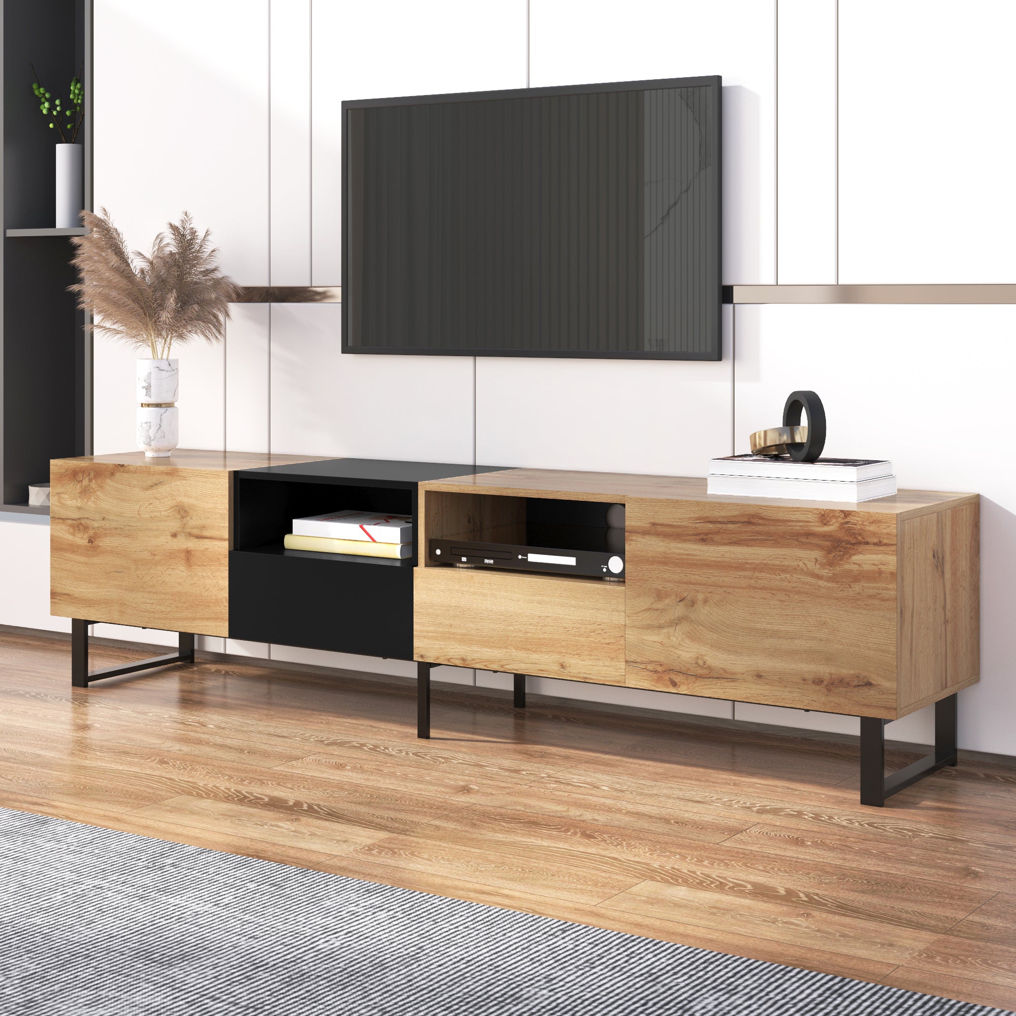 Moderner TV-Stander Mit Schwarzem Und Holzfarbenem Design  Geraumiger Stauraum, Robuste Konstruktion