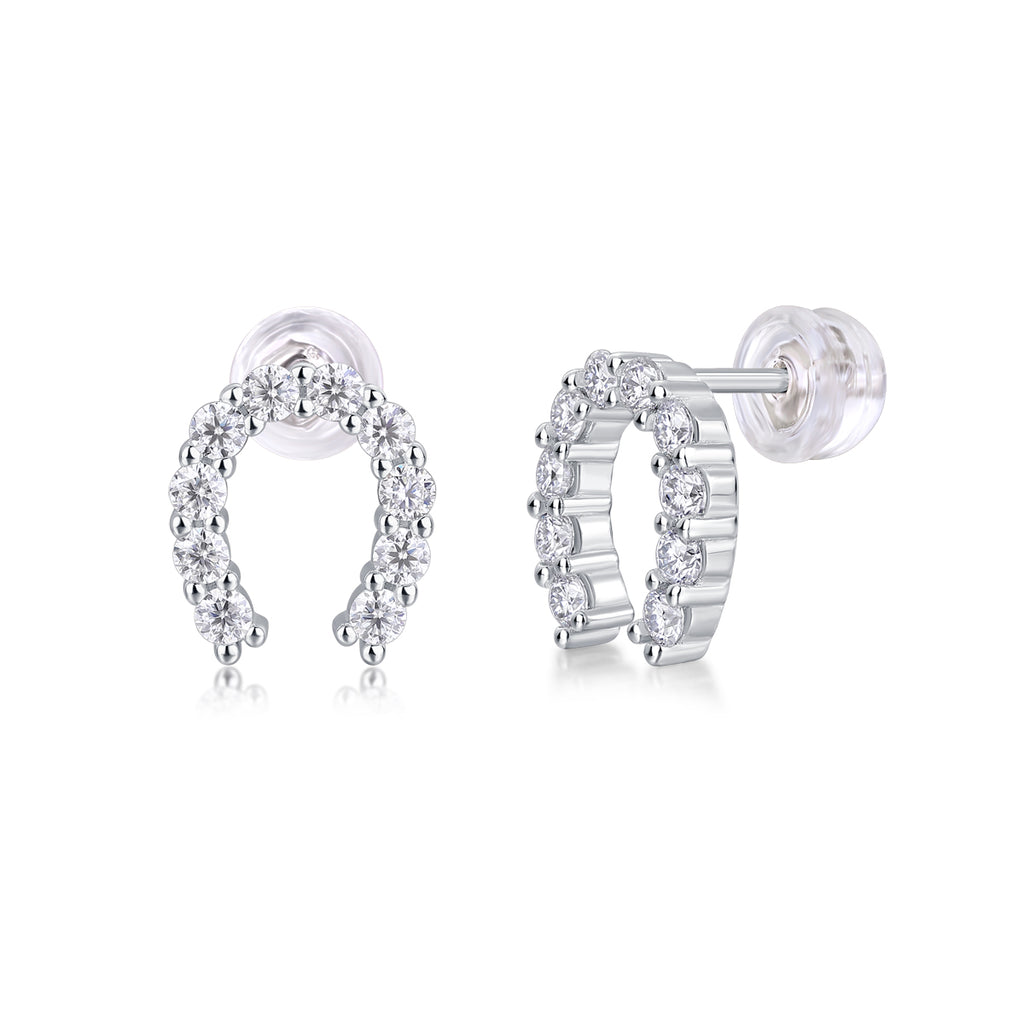 S925 Sterling Silver U-Shaped Hoop Stud Earrings, 20 D-VVS1 Moissanite Pave, Platinum Plated 1.6g Lightweight With Silicone Backs, Gift Box