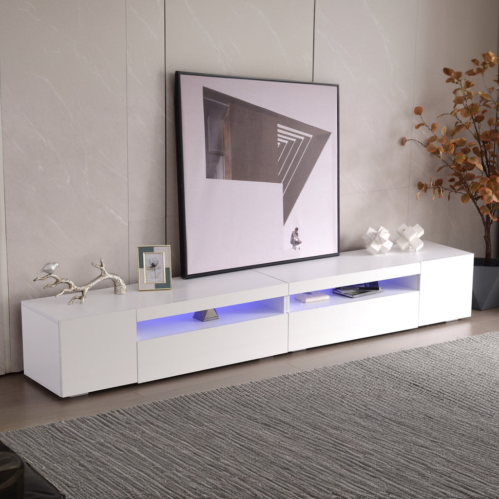 White Modern TV Cabinet, Bright Panel, Adjustable LED Lighting, Living And Dining Room 240cm Shiny Panel, Not High Gloss