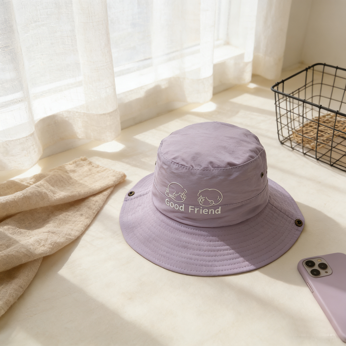 Solid-color Children's English Cartoon Character Embroidered Adjustable Simple And Sweet Fisherman Hat, Suitable For Outdoor Travel And Shopping.