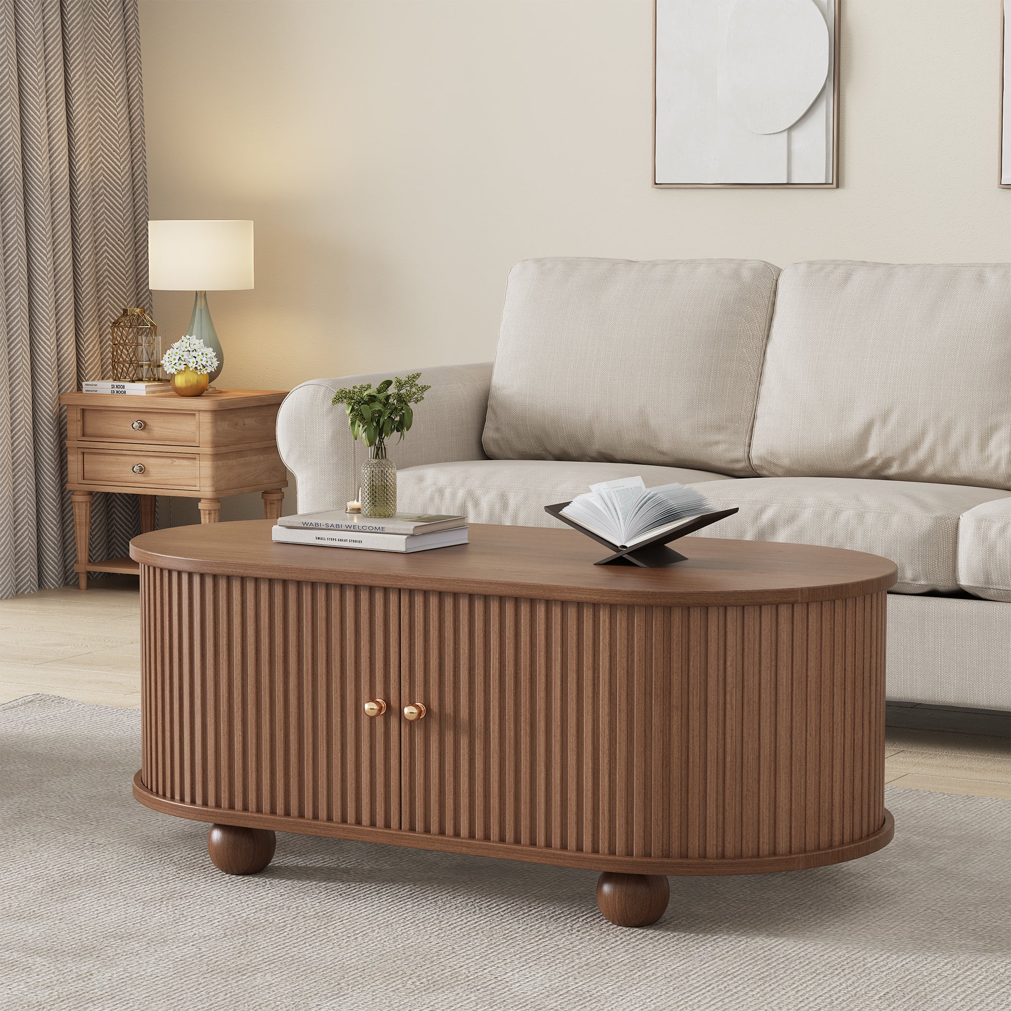 100 X 50 X 40 Cm Walnut Tree Coffee Table With Storage Space And Sliding Doors Space Saving Multifunctional Furniture In Wood Colors,Sofa Table With 360 Degree Sliding Door,Coffee Table With 4 Legs