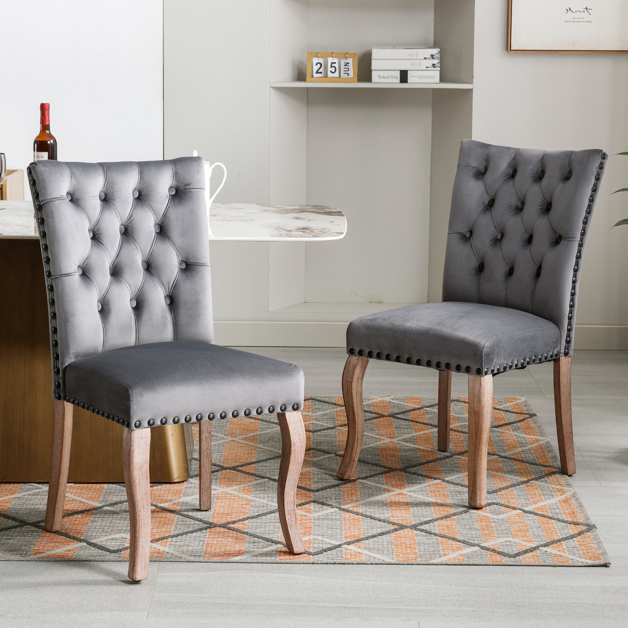 Dining Chair Kitchen Chair Living Room Chair With Unique Door Clamp On The Back, 2 Pieces, Upholstered Chair With Nail Head Occupation, Legs Made Of Solid Wood, Velvet Cover, Grey