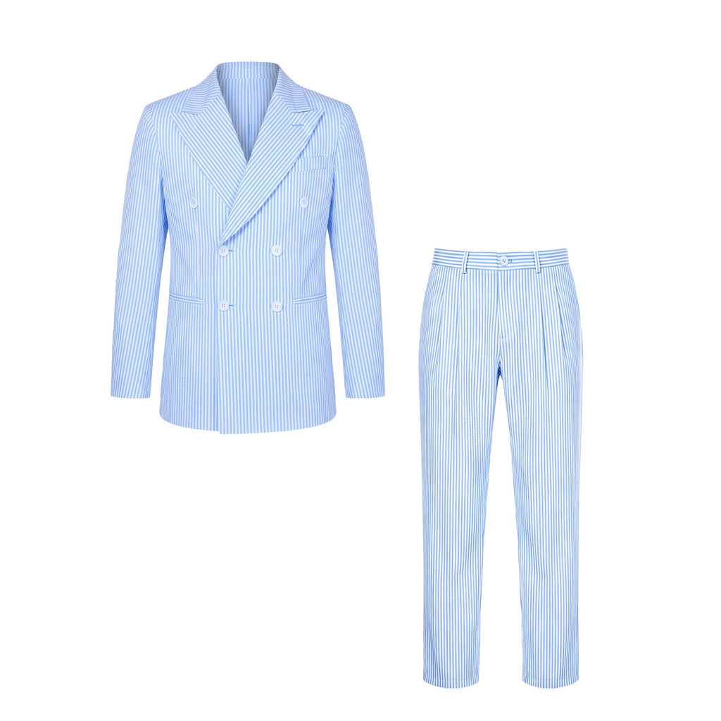 Mens Business Gentleman Striped Double-Breasted Suit Set