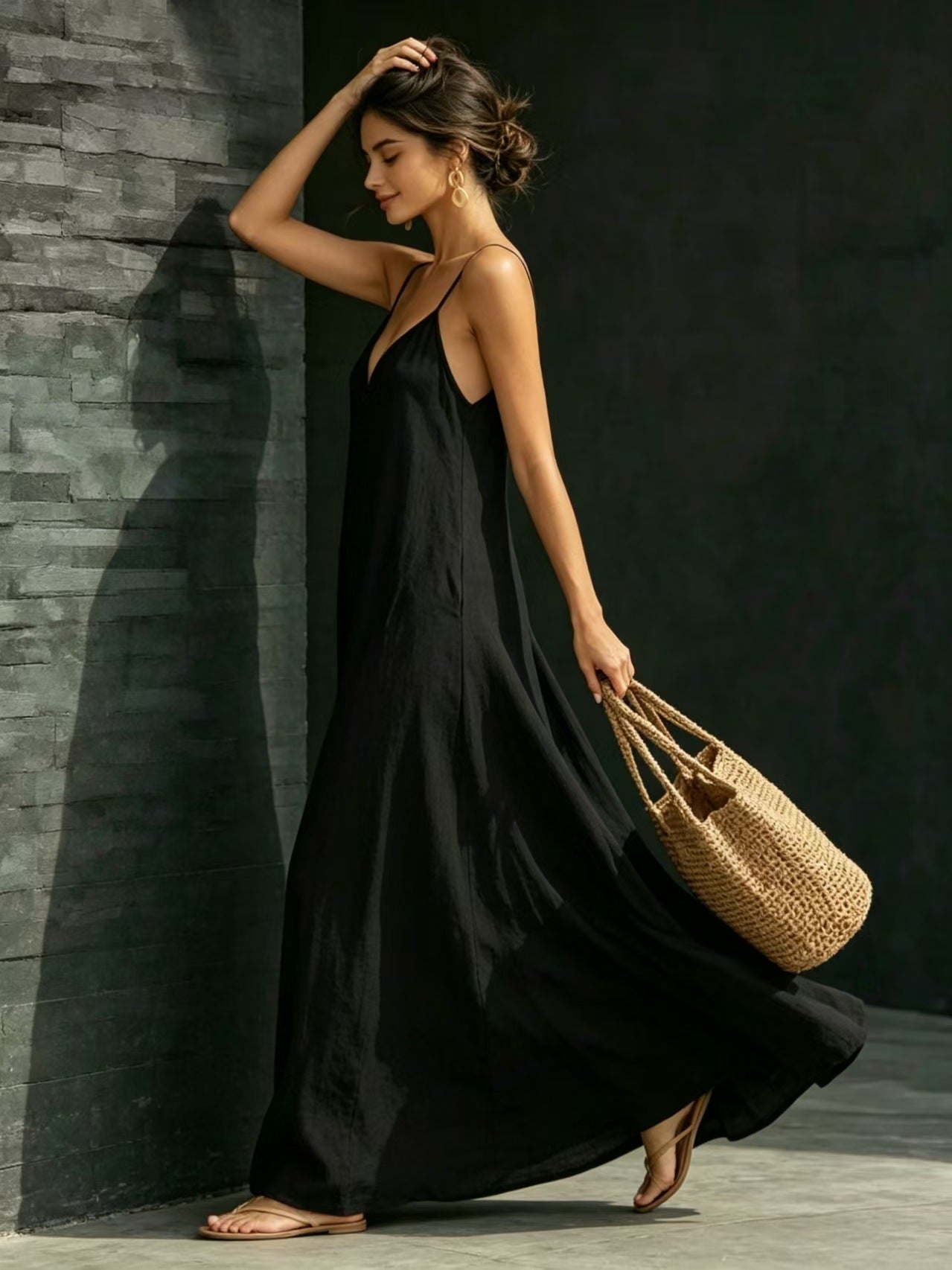 Summer V-Neck Spaghetti Strap Flowy Maxi Dress - Casual Fashion Solid Color Long Dress For Women Vaction Dress
