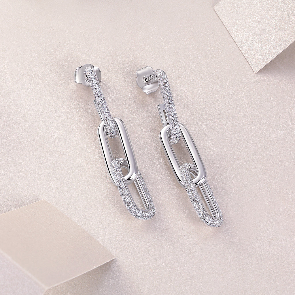 S925 Sterling Silver Chunky Chain Drop Earrings, D-VVS1 Moissanite Pave, Platinum Plated 9.2g Women's Jewelry Gift Box