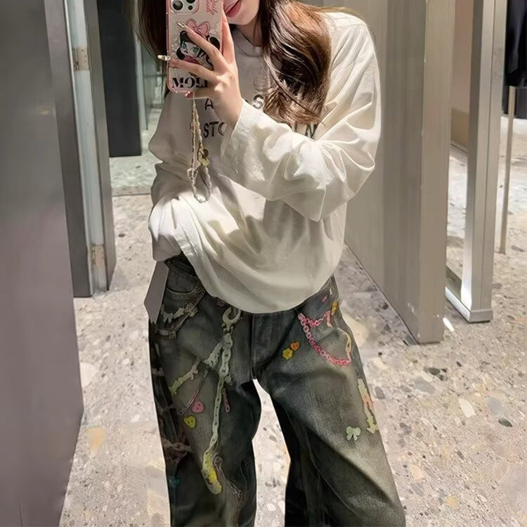 Womens Floor-length Printed Denim Jeans With A Chain Detail