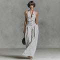 Button-front Sleeveless Shirt High-waisted Wide-leg Slim-fit Jumpsuit
