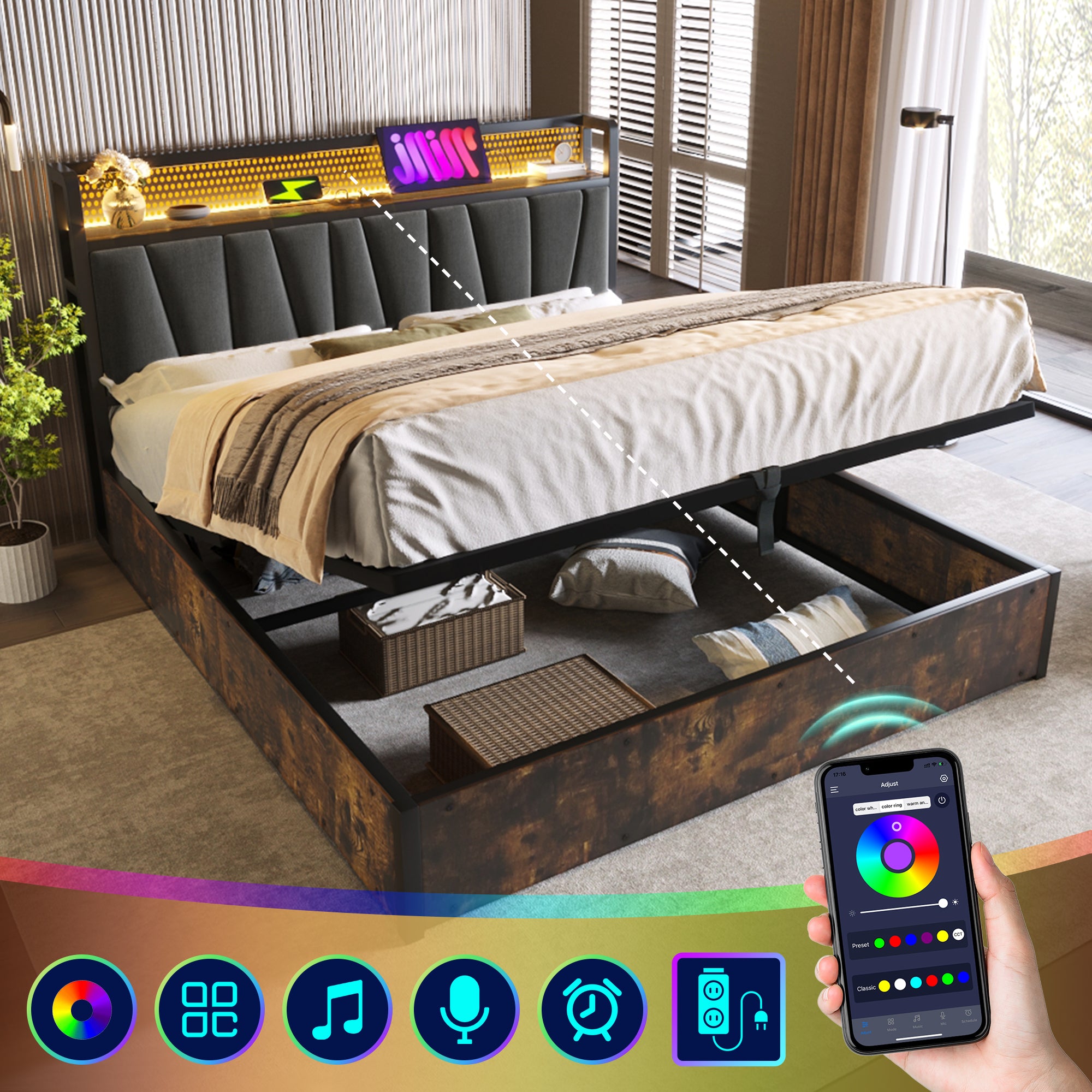 LED App-Control Double Bed With Rechargeable USB Charging Function Headboard And LED Lighting, Metal Bed 140x200cm Latticeroad Made Of Wood, Grey Without Mattress