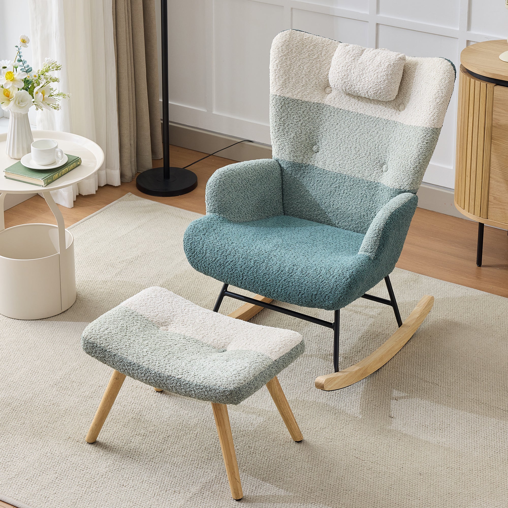 Boucle Rocking Chair, Rocking Chair In Colorful Patchwork Stripe Look, Armchair Legs Made Of Rubber Wood, Frame Made Of Injected Iron, Living Room Armchair, Bedroom Armchair With Footstool
