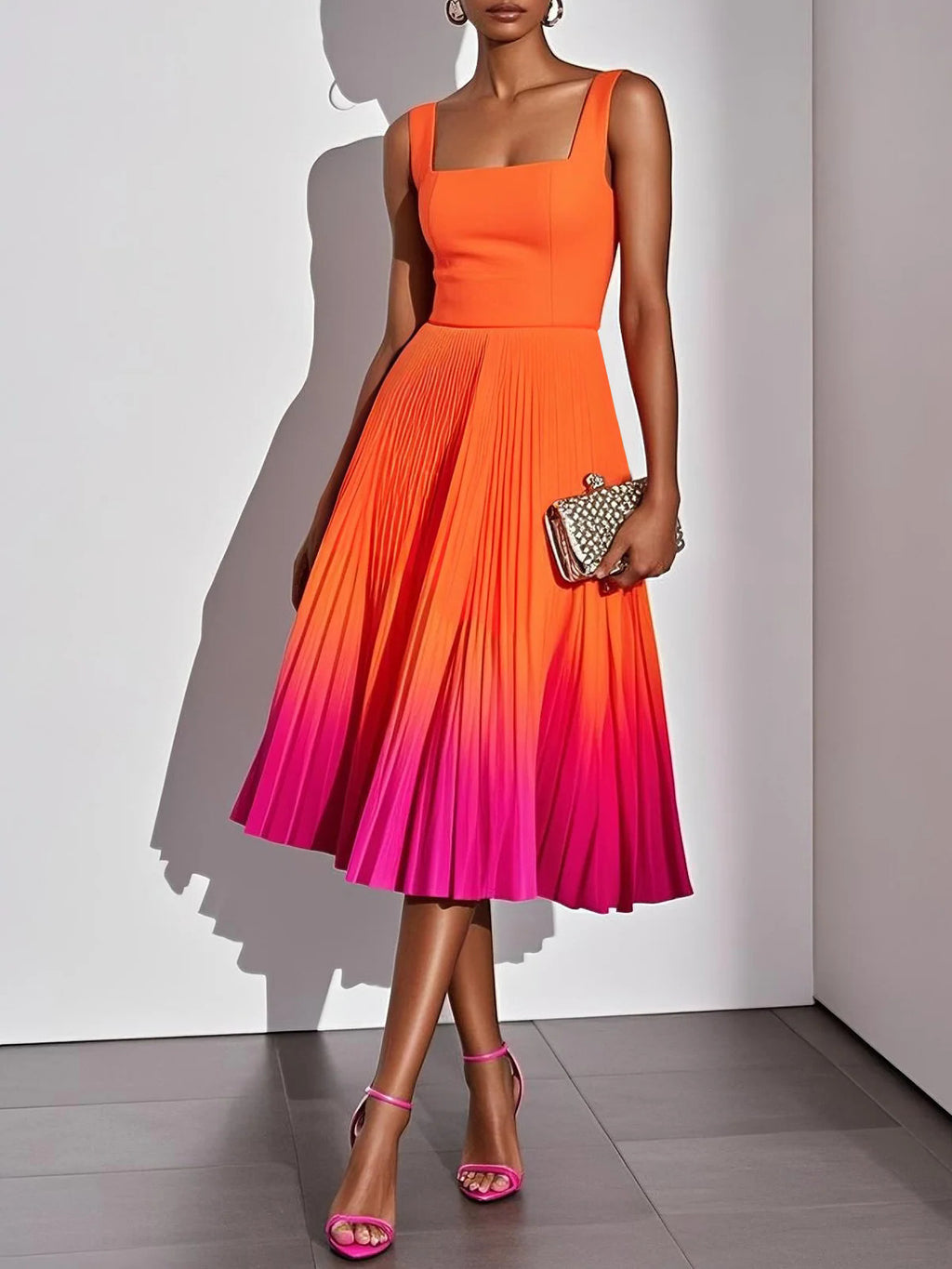 Square-neck Mid-length Dress With Gradient Pleats