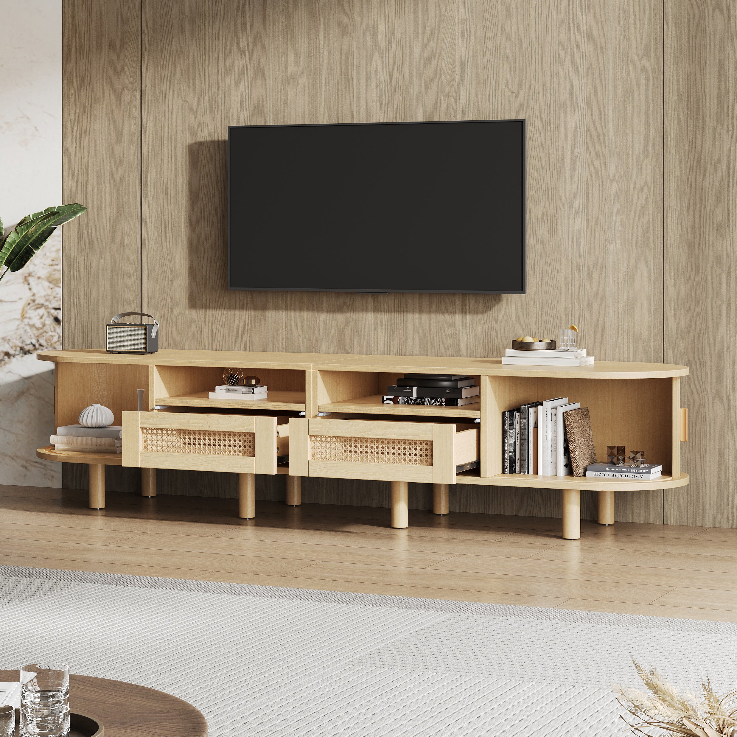 170x40x40cm Oval TV Stand And TV Stand,TV Cabinet With 2 Rattan Design Drawers,2 Sliding Door,Lowboard And TV Stand Up To 70 Inches,TV Board And TV Dresser,Wood Color
