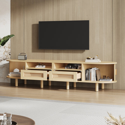 170x40x40cm Oval TV Stand And TV Stand,TV Cabinet With 2 Rattan Design Drawers,2 Sliding Door,Lowboard And TV Stand Up To 70 Inches,TV Board And TV Dresser,Wood Color