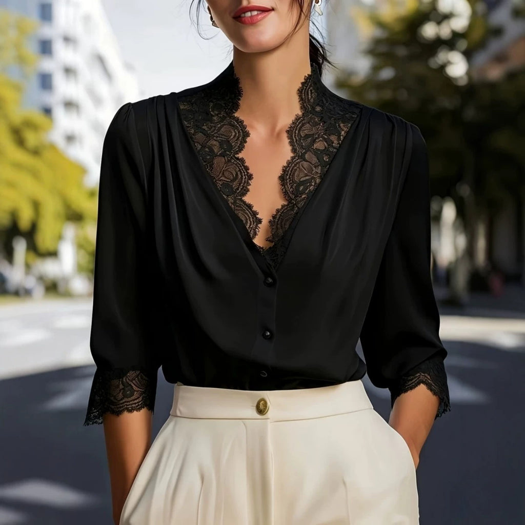 Lace-Panel Three-Quarter-Sleeve Gentle And Elegant Blouse For Women