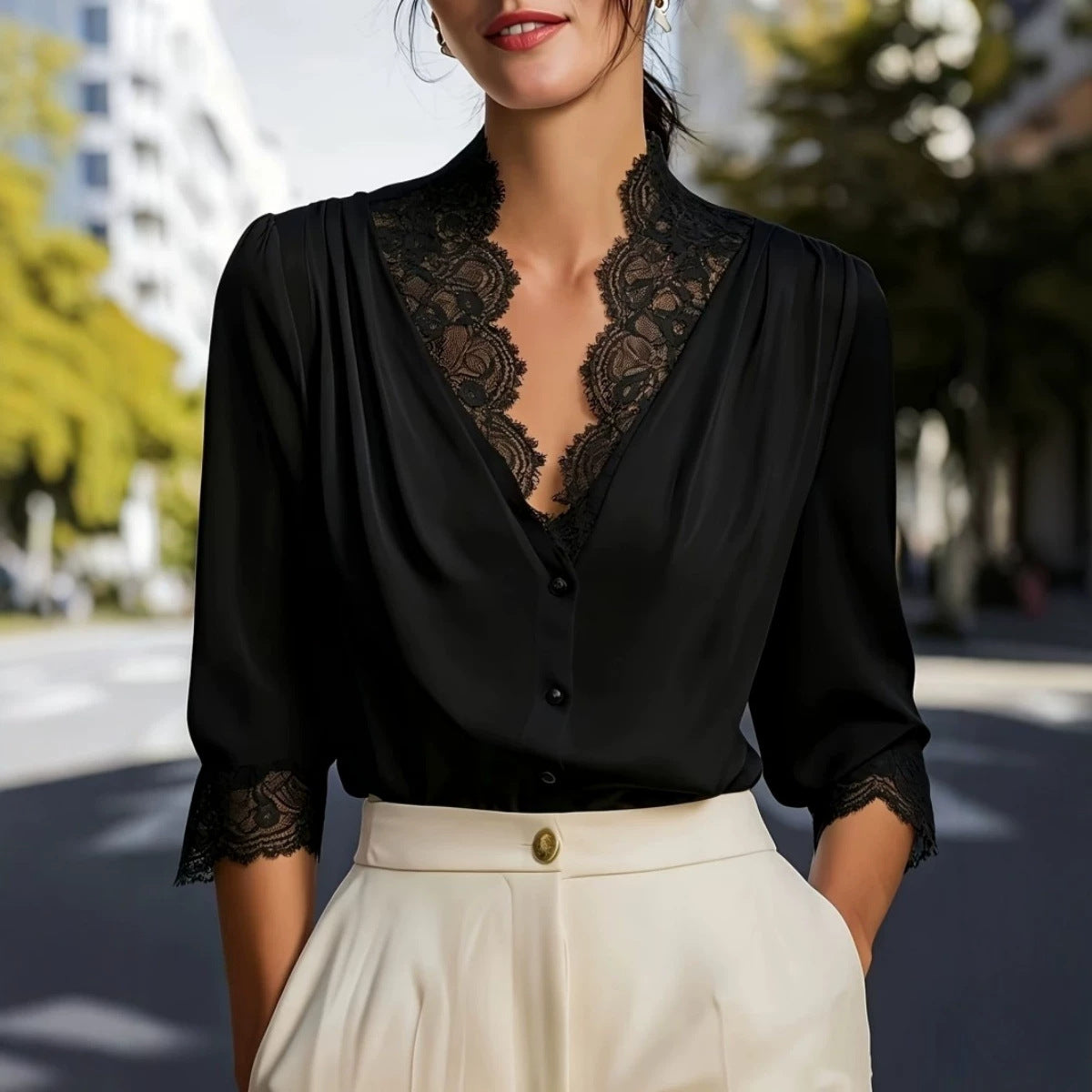 Lace-Panel Three-Quarter-Sleeve Gentle And Elegant Blouse For Women