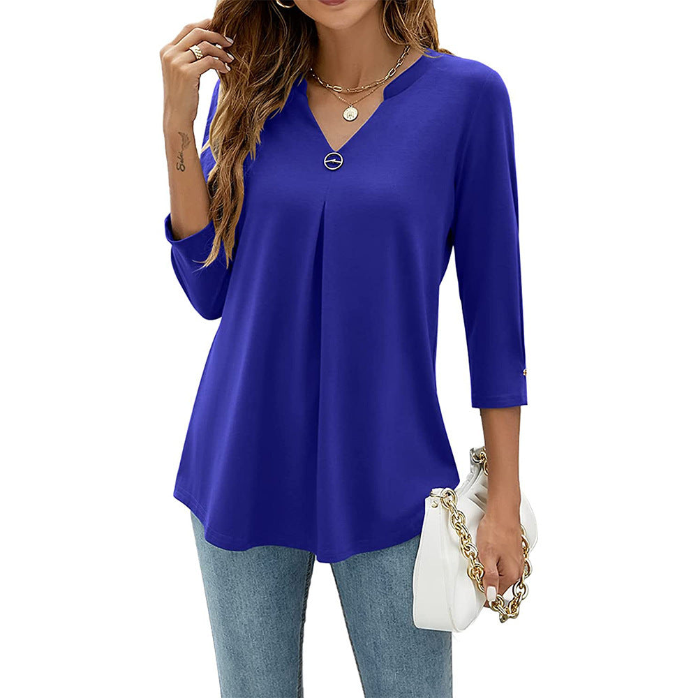 Womens Solid-Color V-Neck Pleated T-Shirt With Three-Quarter Sleeves And Button Accents