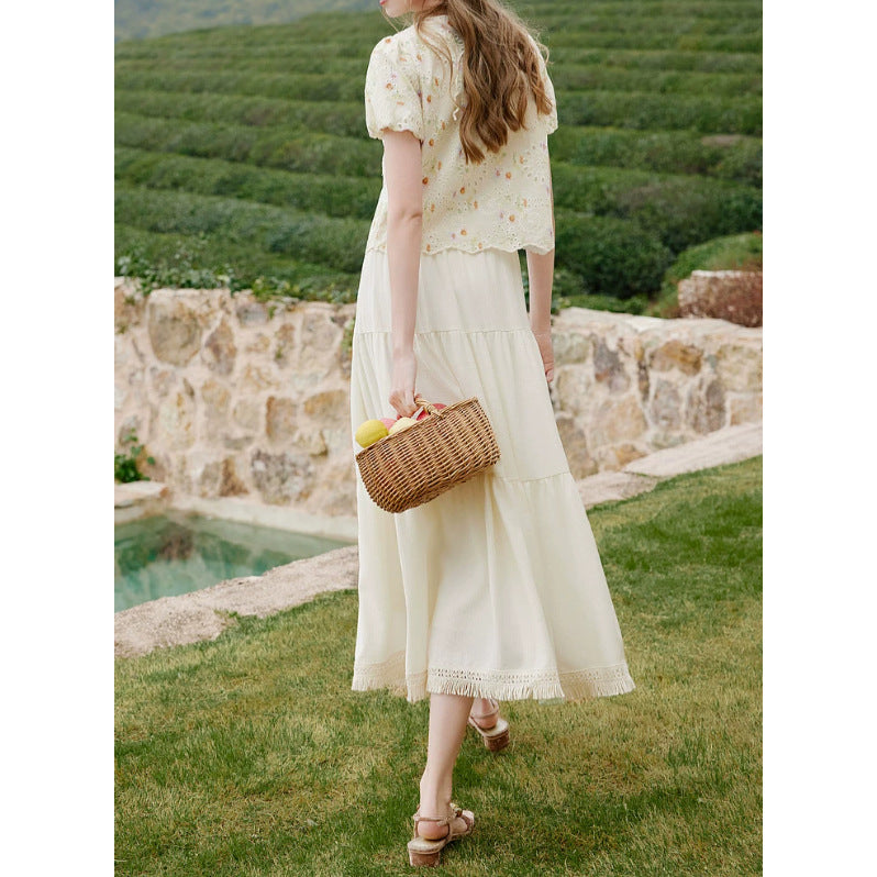 Embroidered Floral Blouse And Draping Skirt Two-piece Set
