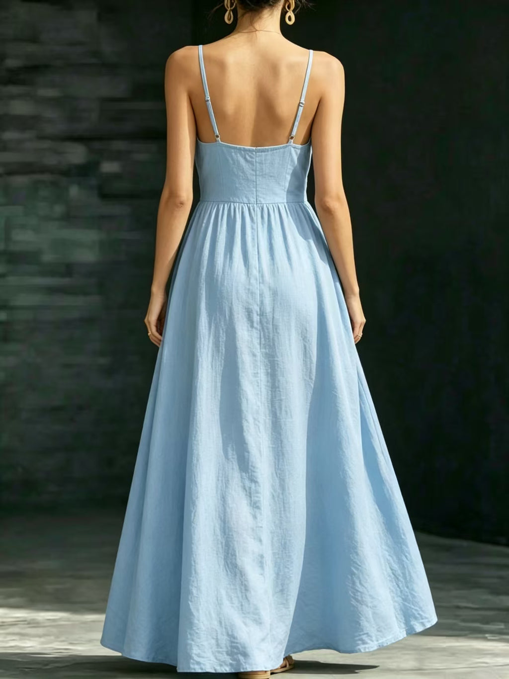 Women's Summer V-Neck Slip Dress With Pockets, Waist-Cinching Slim Elegant Midi Dress
