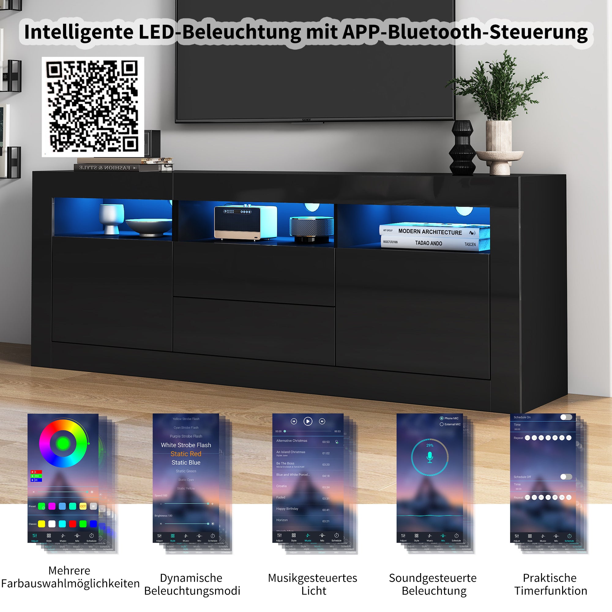 160x35x60cm High Gloss TV Cabinet With LED Lighting, 3 Open Compartments, 2 Doors, 2 Drawers, Smart App Control, For 70 Inch TV,High Gloss TV Stand