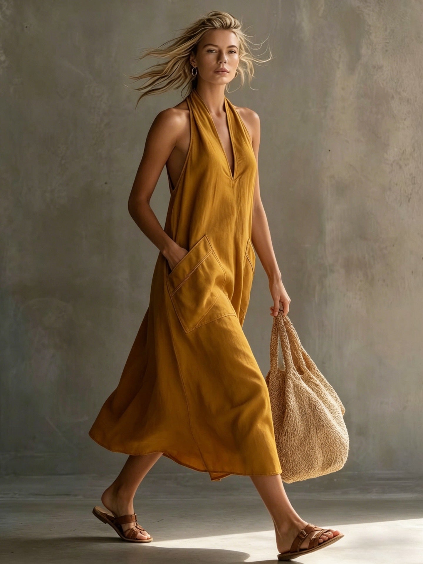 Summer Halter V-Neck Backless Maxi Dress With Large Pockets - Cotton Linen Loose Vacation Dress, Multiple Colors Available For Women