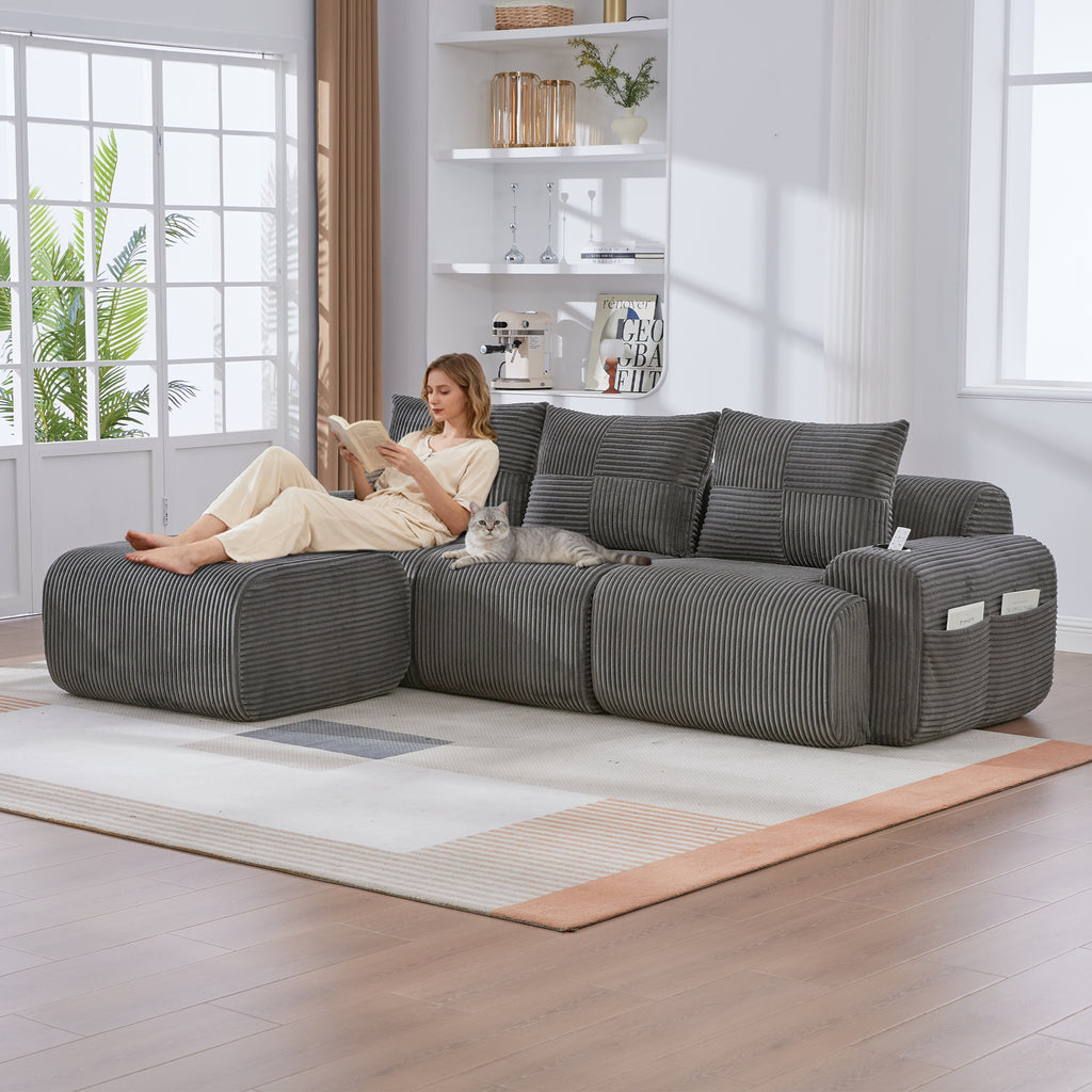 Modular Corduroy Sofa For 3 People  With Stools , Freely Combinable, Including Cup Holder And Side Storage Bag, Ideal For Living Room, Family Room And Other Rooms.