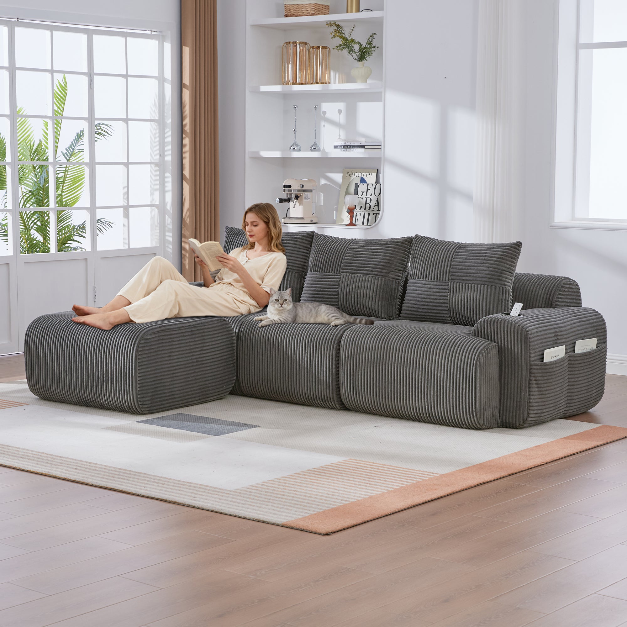 Modular Corduroy Sofa For 3 People  With Stools , Freely Combinable, Including Cup Holder And Side Storage Bag, Ideal For Living Room, Family Room And Other Rooms.