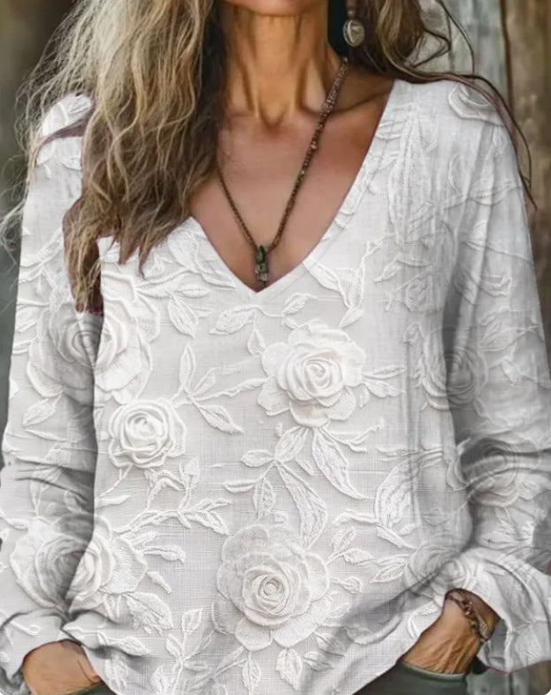 Womens V-neck Fashionable Pullover With A Loose-fit Print