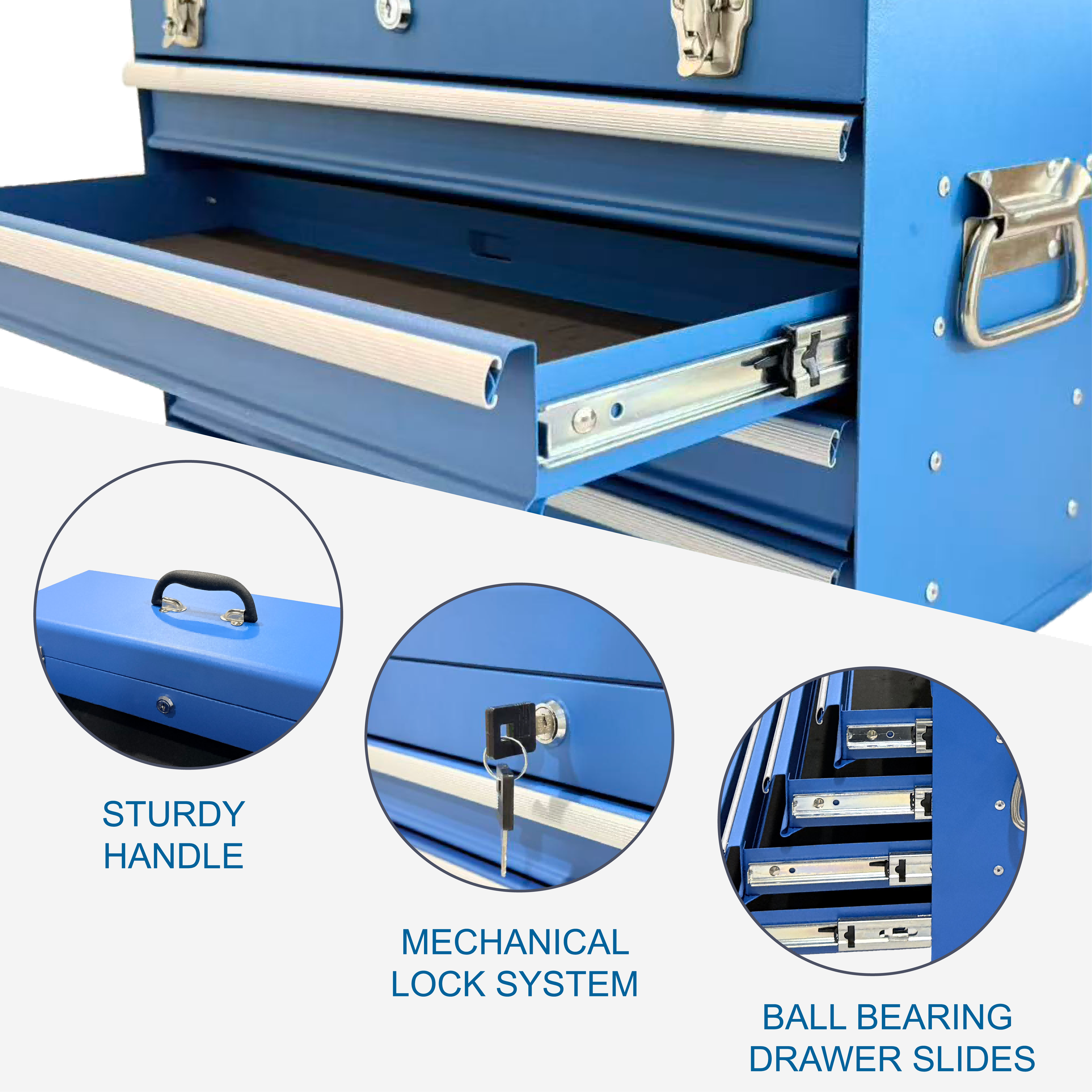 Heavy Duty Metal Tool Box, 21-inch, Portable Metal Tool Box With 4 Drawers, Small Tool Chest With EVA Liners, Ball Bearing Slide Drawers Locking & Powder Coated Finish, Multi-Function Tool Organizer
