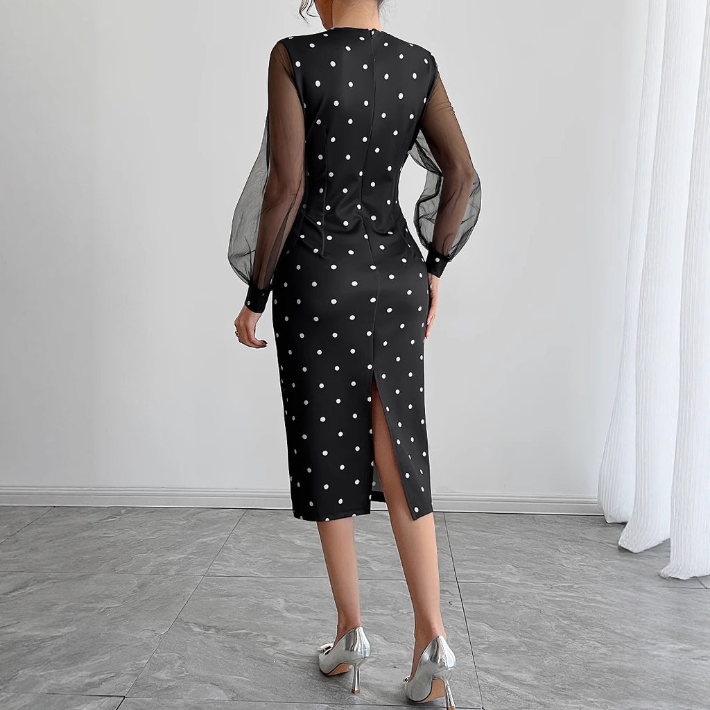 Round-neck Polka-dot Dress With Mesh Sleeves