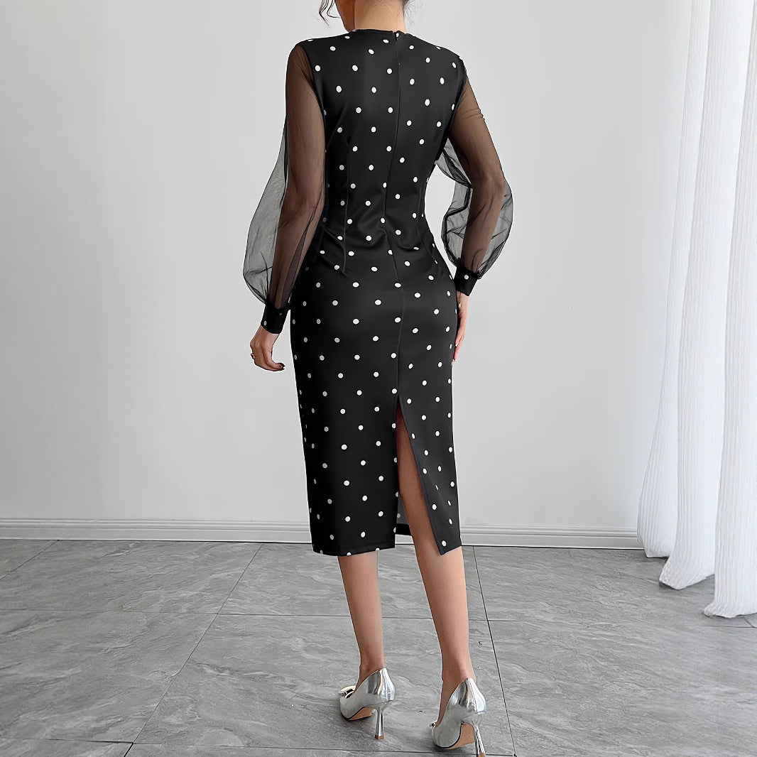 Round-neck Polka-dot Dress With Mesh Sleeves