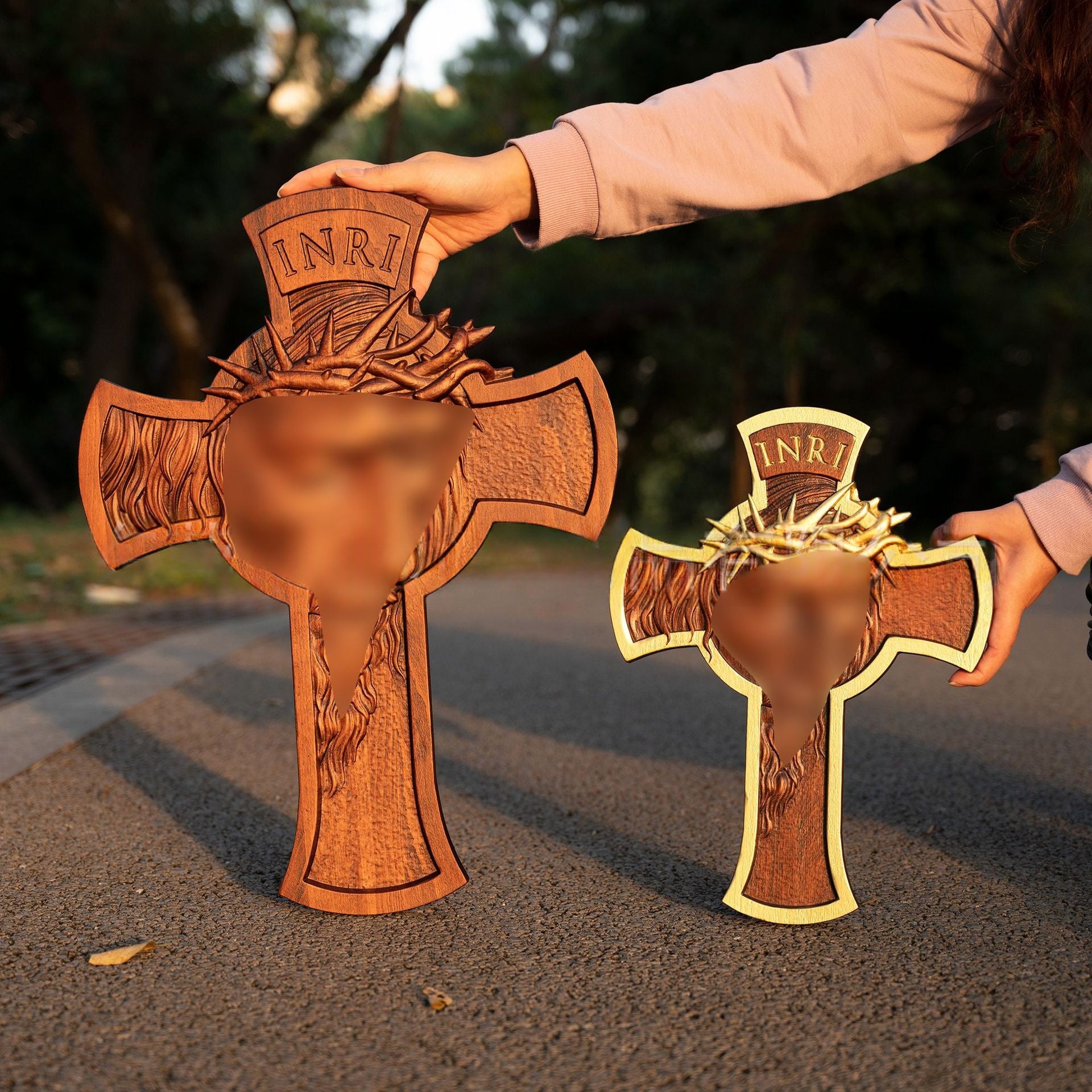 Thorned Crown Cross Wood Carving Wall Hanging Craft Decoration Ornament