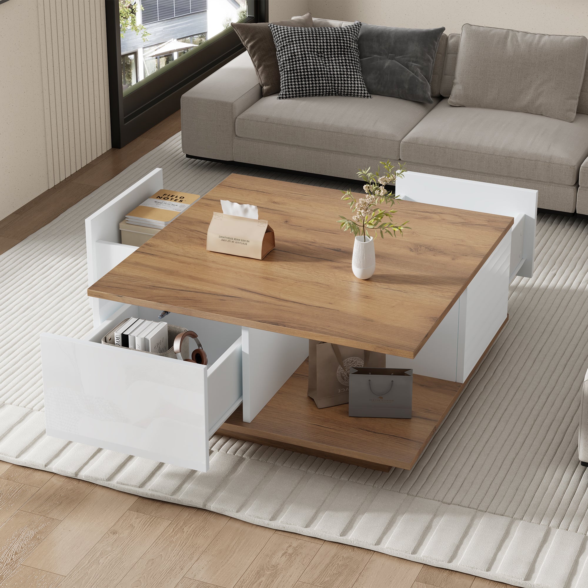 70 X 70 X 31.5cm Coffee Table With 3 Drawers, Geometric Coffee Table, High Gloss Living Room Table, Sofa Table, Side Table, Suitable For Small Rooms, White - Original Wood Color
