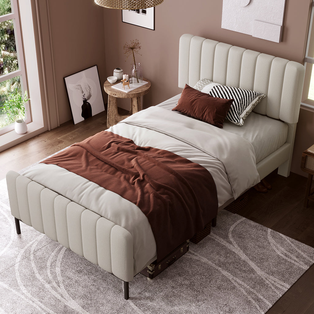 Upholstered Single Bed 90 X 200 Cm, Bed Frame With Lattice And Adjustable Head, Upholstered Bed In Grey-Beige, Bed Frame Youth Bed For Bedroom Guest Room Linen Material With Mattress