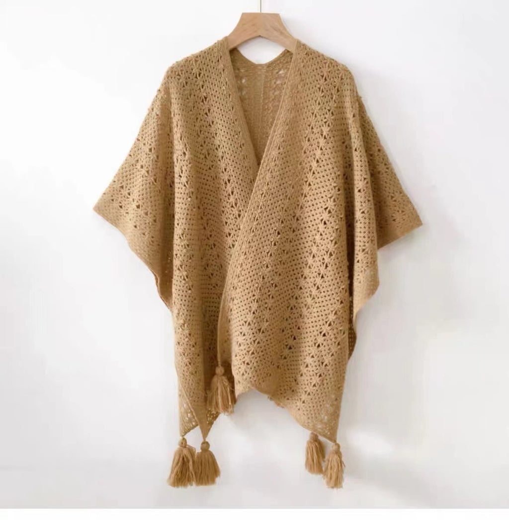 Womens Knitted Tassel-Trimmed Open-Front Cape For Photos