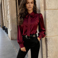 Womens Solid-Color Long-Sleeve Satin Blouse With Bow
