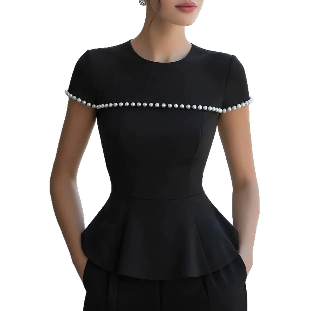 Summer Round-neck Beaded Short-sleeve Top