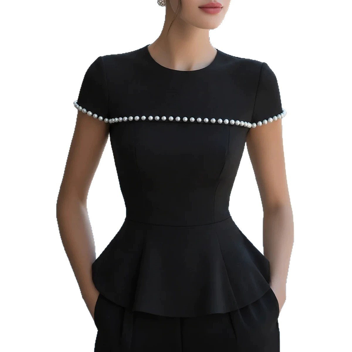 Summer Round-neck Beaded Short-sleeve Top