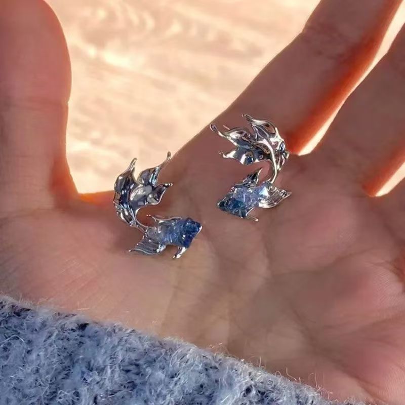 Mosquito Coil Pad Clip On Earrings, Cold Tone Gradient Blue Goldfish Studs, Niche Unique Love And Deepspace Qi Yu Peripheral Cosplay Ear Jewelry For Women