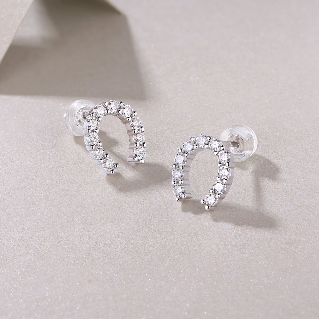 S925 Sterling Silver U-Shaped Hoop Stud Earrings, 20 D-VVS1 Moissanite Pave, Platinum Plated 1.6g Lightweight With Silicone Backs, Gift Box