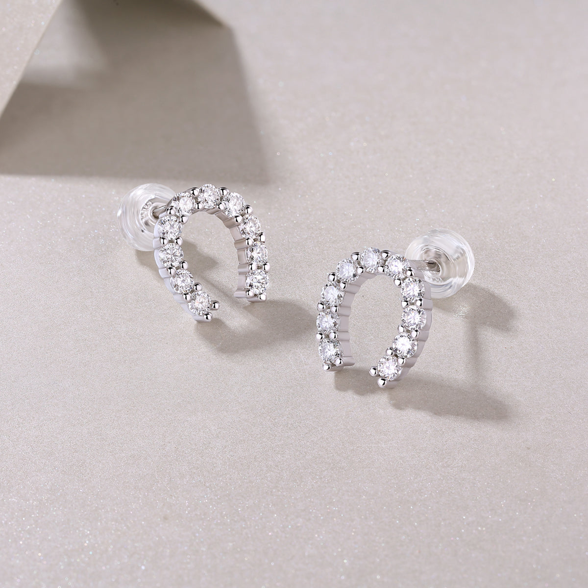 S925 Sterling Silver U-Shaped Hoop Stud Earrings, 20 D-VVS1 Moissanite Pave, Platinum Plated 1.6g Lightweight With Silicone Backs, Gift Box