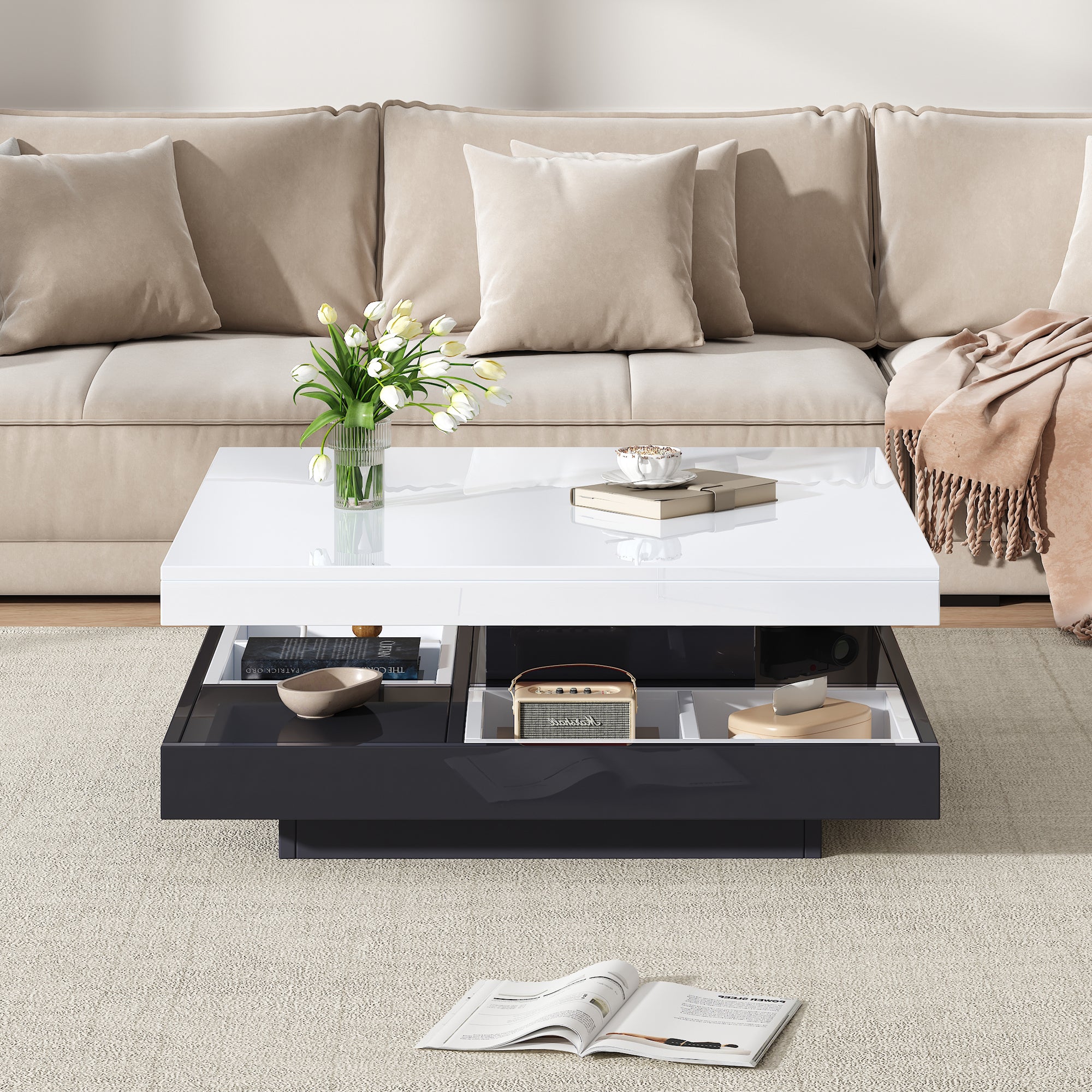 High-gloss Table Top Functional Coffee Table, Living Room Table, 360degree  Rotatable, 2-tier Swivel Table Top With Storage Compartment, White Living Room Table Top, Black Base 70x70x36 Cm