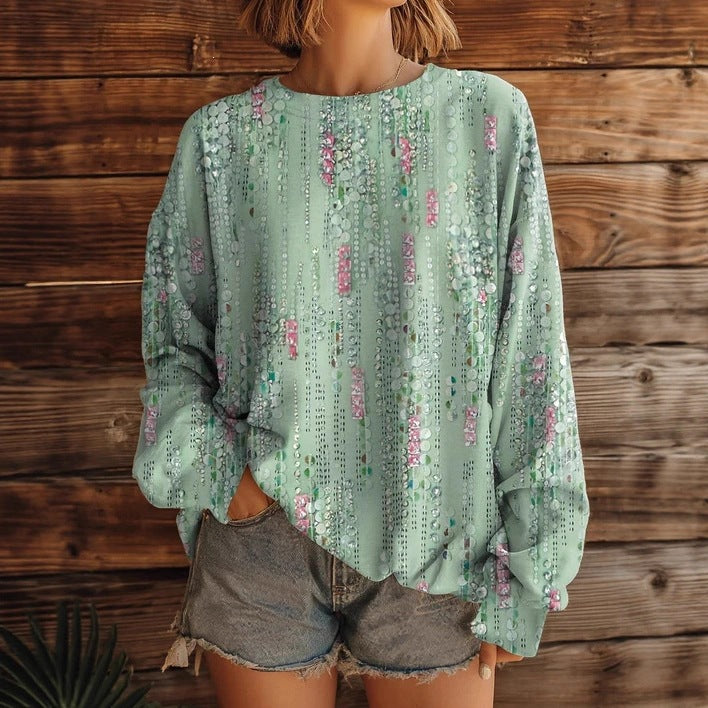 Womens Fashionable, Versatile Printed Crew-neck Sweatshirt