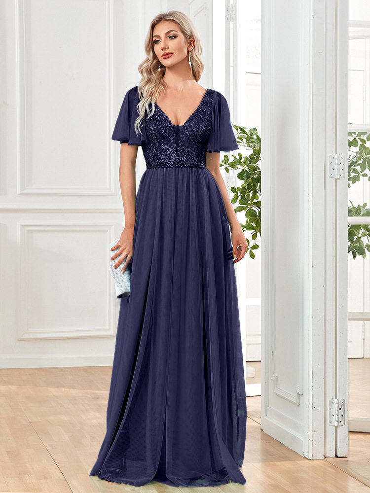 Womens Sexy V-neck Short-sleeve Long Dress