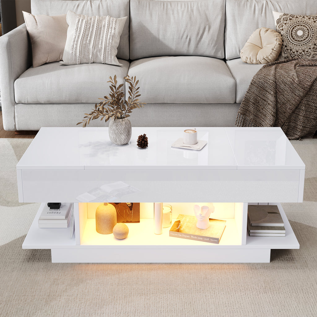 98x45x40cm Lift Coffee Table With Lift Table Top,Height Adjustable Sofa Table,Coffee Table With 2 Folding Cabinets,Living Room Table With Semi-Open Storage,High Gloss Tea Table With LED,White
