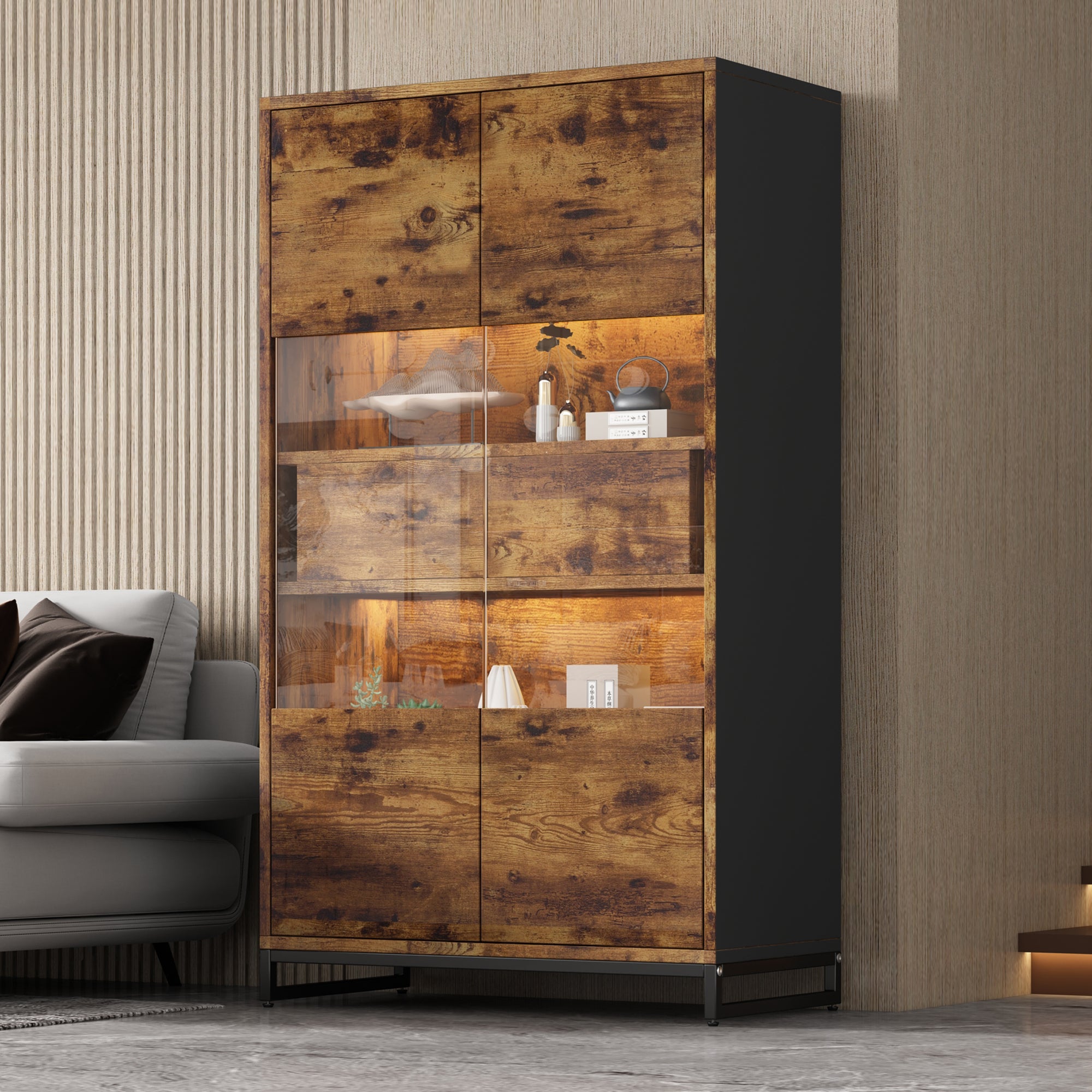 80X40X138cm Display Cabinet With LED Lighting Standing Display Cabinet,Display Cabinets With 2 Drawers, Storage Display Case With Acrylic Panel, Highboard, Wine Cabinets, Bookshelves With Plenty Of St