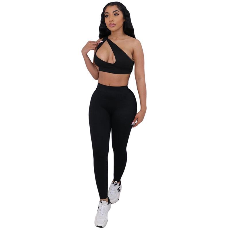 Sloping Shoulder Bodysuit High Waist Track Pants Set
