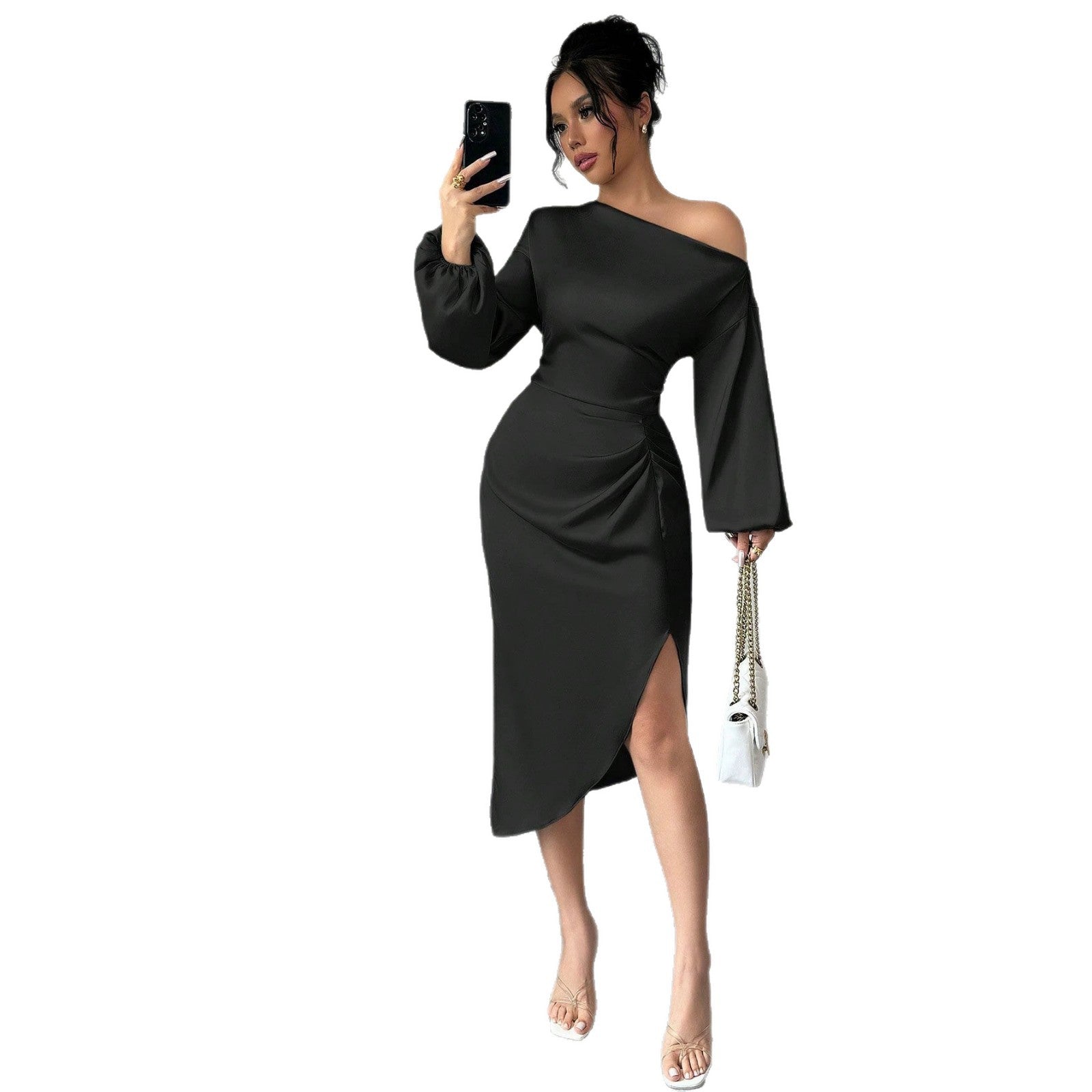 Off Shoulder Long Sleeve Dress With A Slanted Neckline
